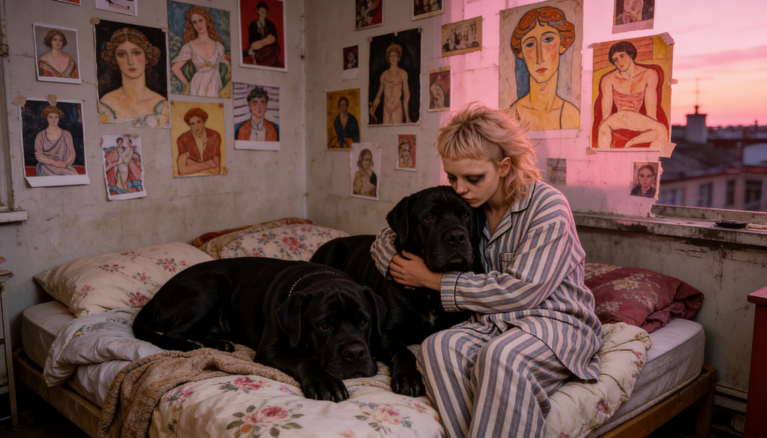 Biddy with dogs on bed art prints
