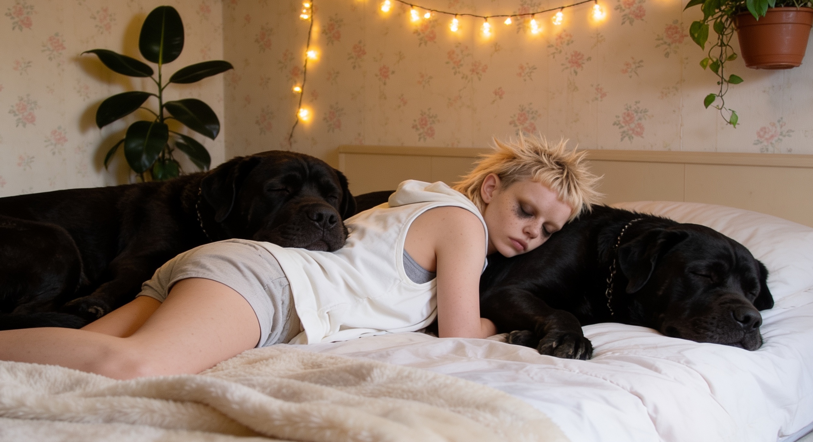 Biddy asleep in bed with her two mastiffs