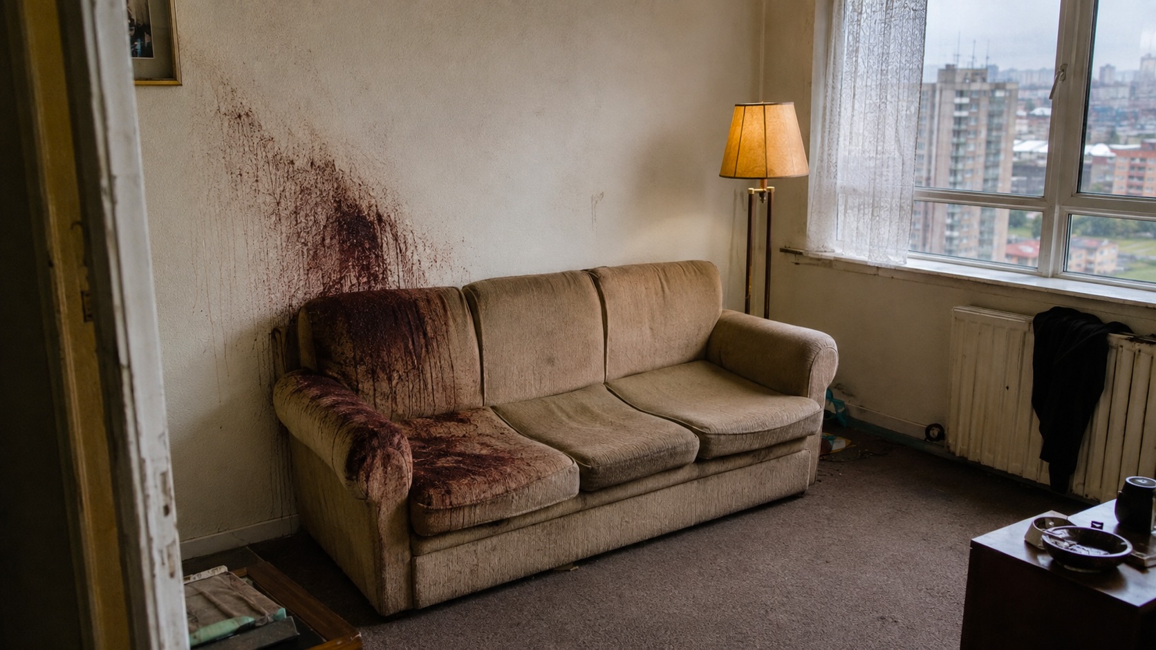 A blood-stained couch in a Slab flat