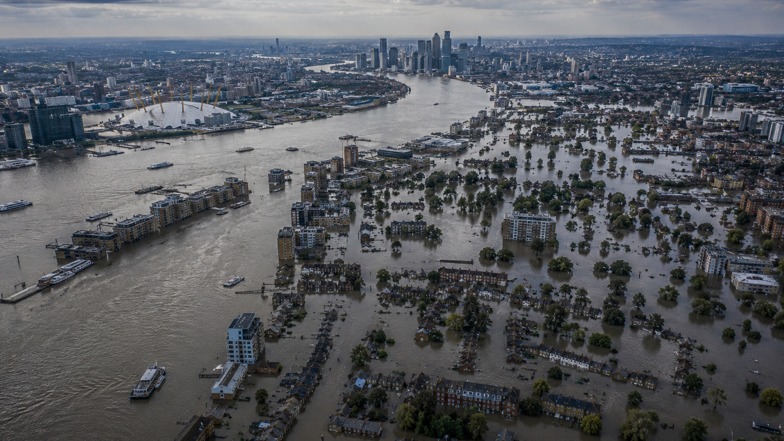 Aerial view of flooded London, 2035
