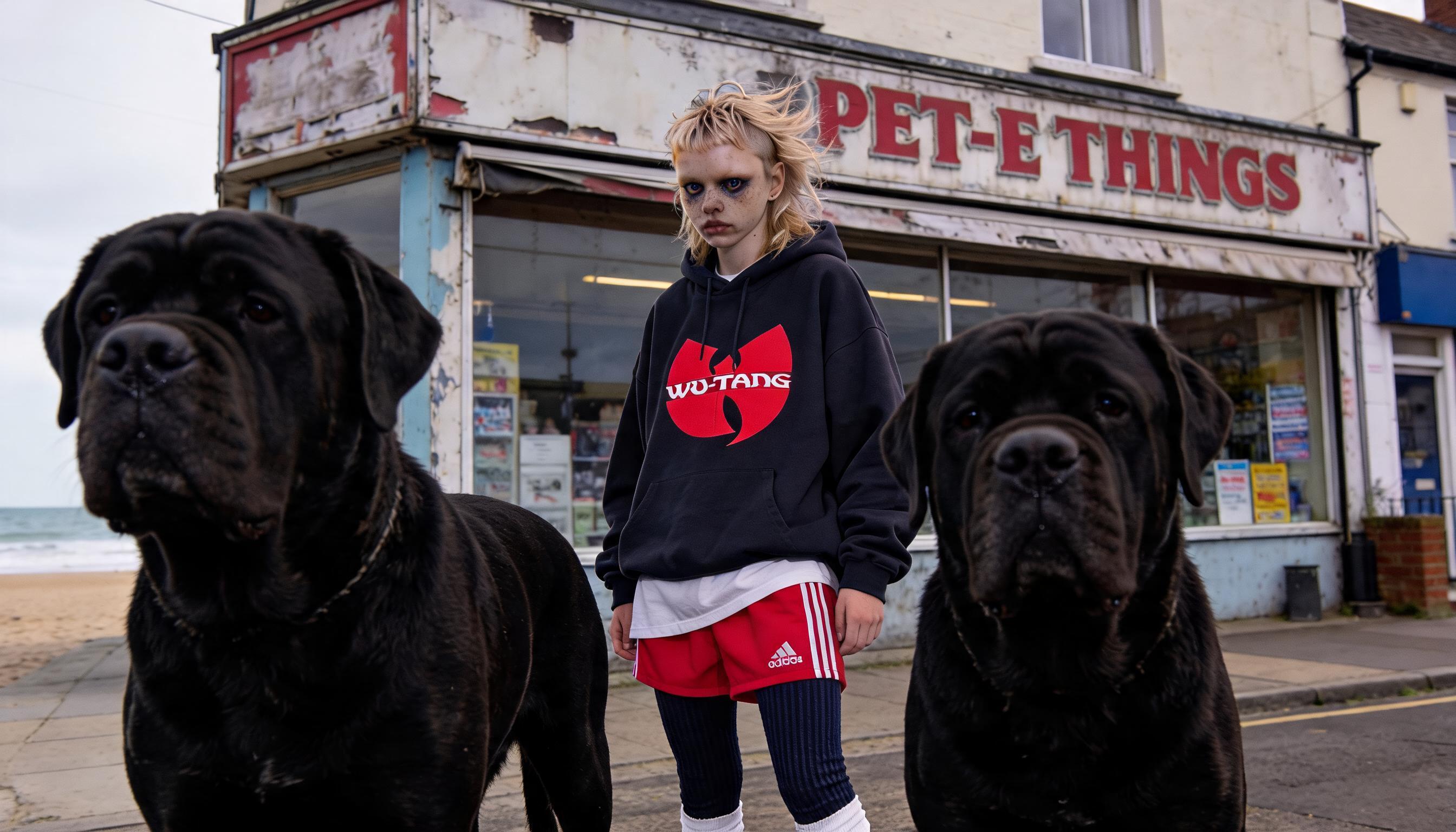 Biddy with her two mastiffs outside Pet-E Things