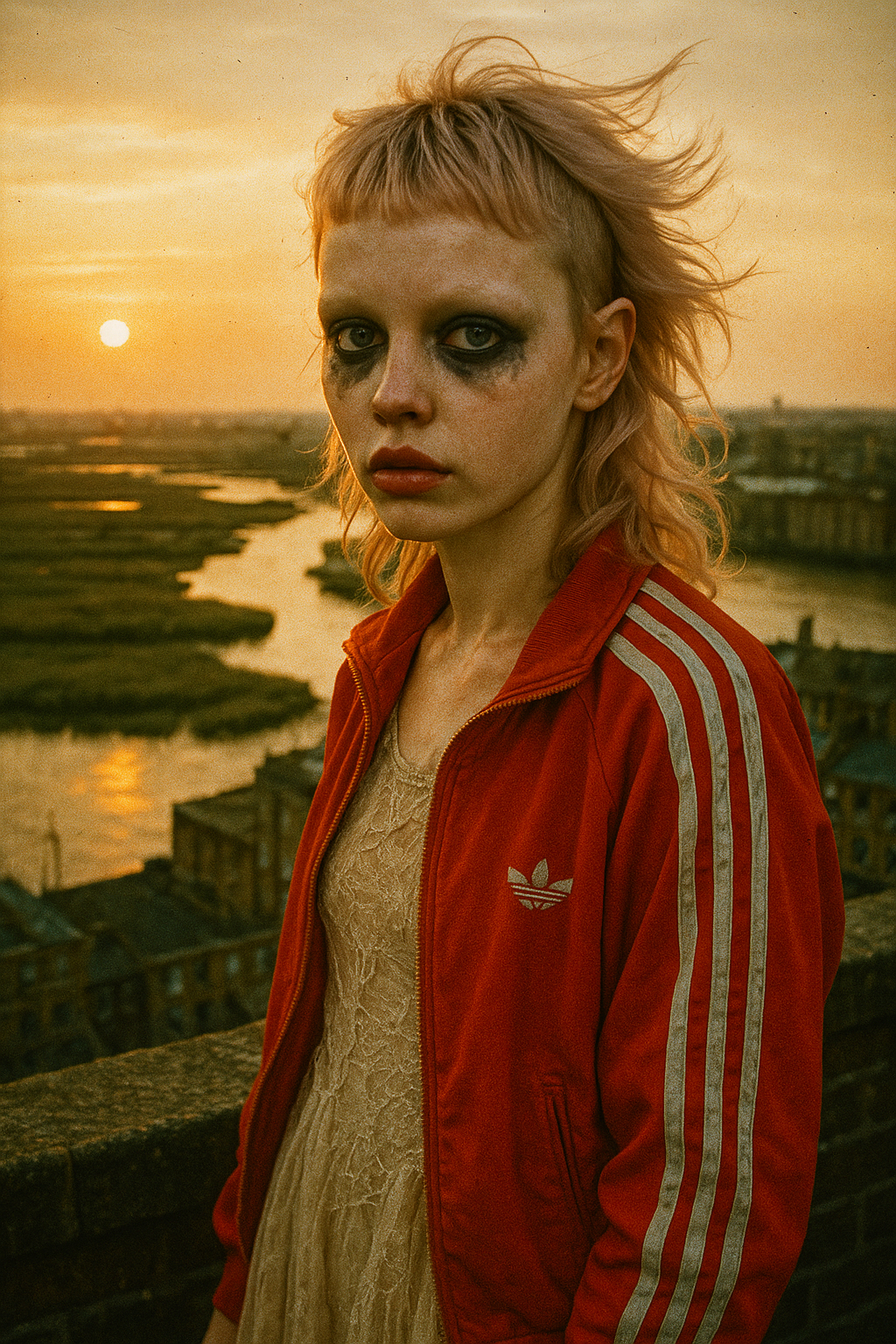 Biddy on the rooftop at sunset, overlooking the river