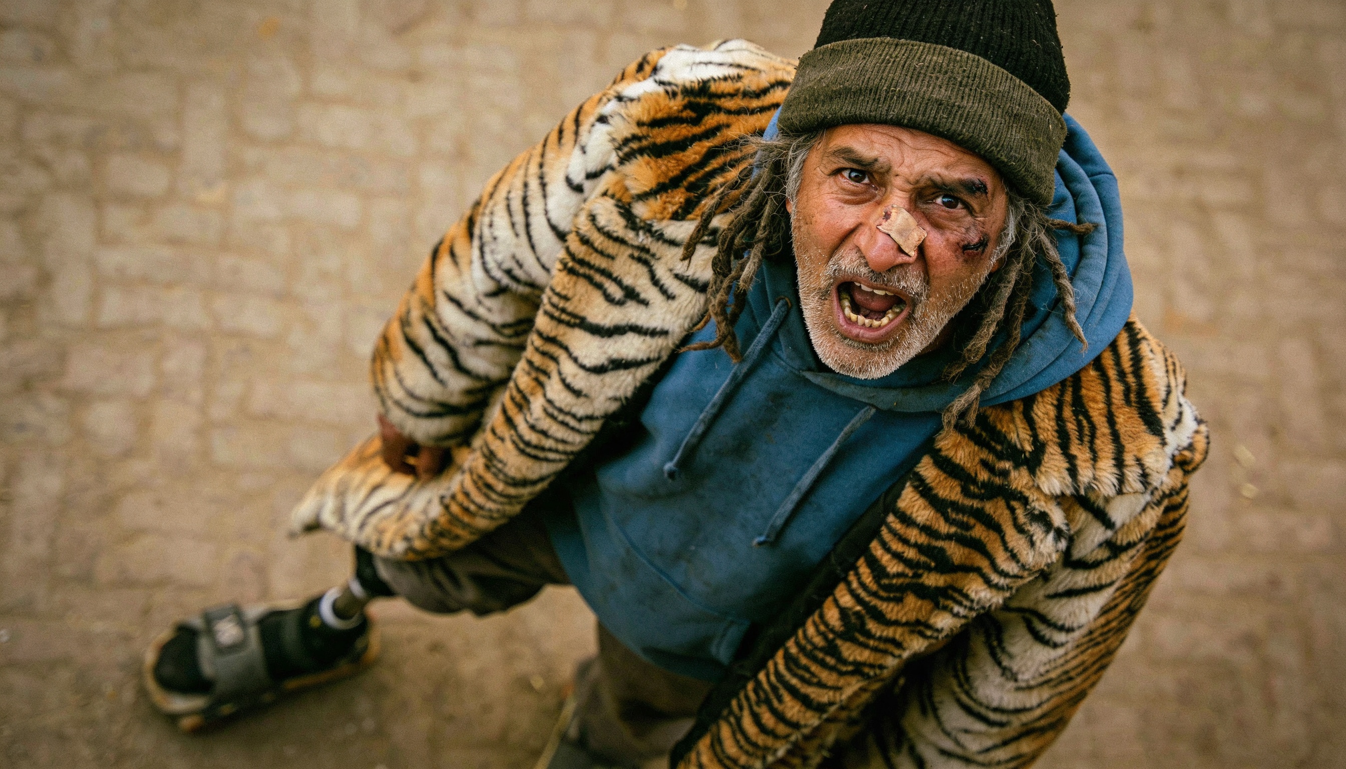 A menacing figure in a tiger-print coat on the estate
