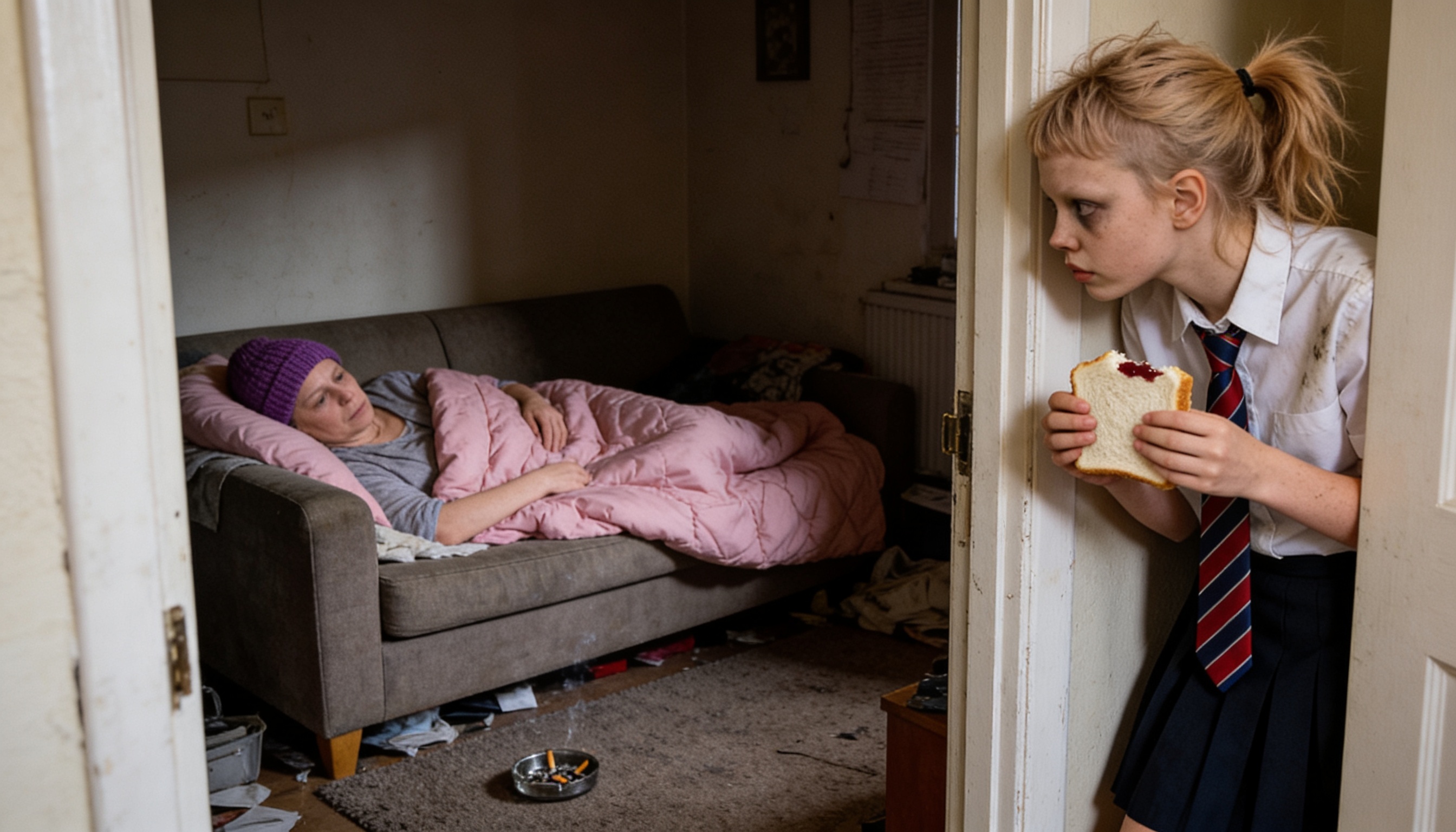 Young Biddy in school uniform watching her mother asleep on the couch