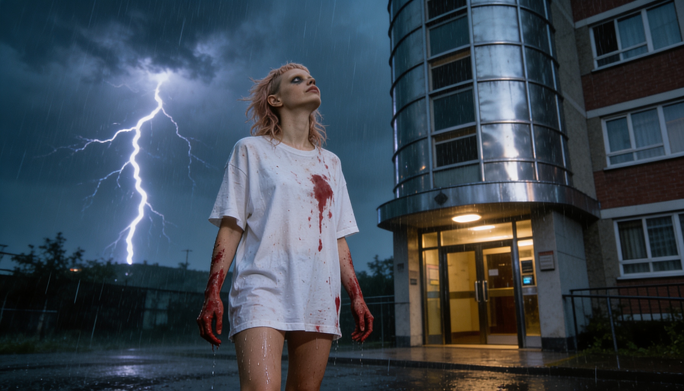 Biddy in a storm, blood on her shirt, lightning over the Slab